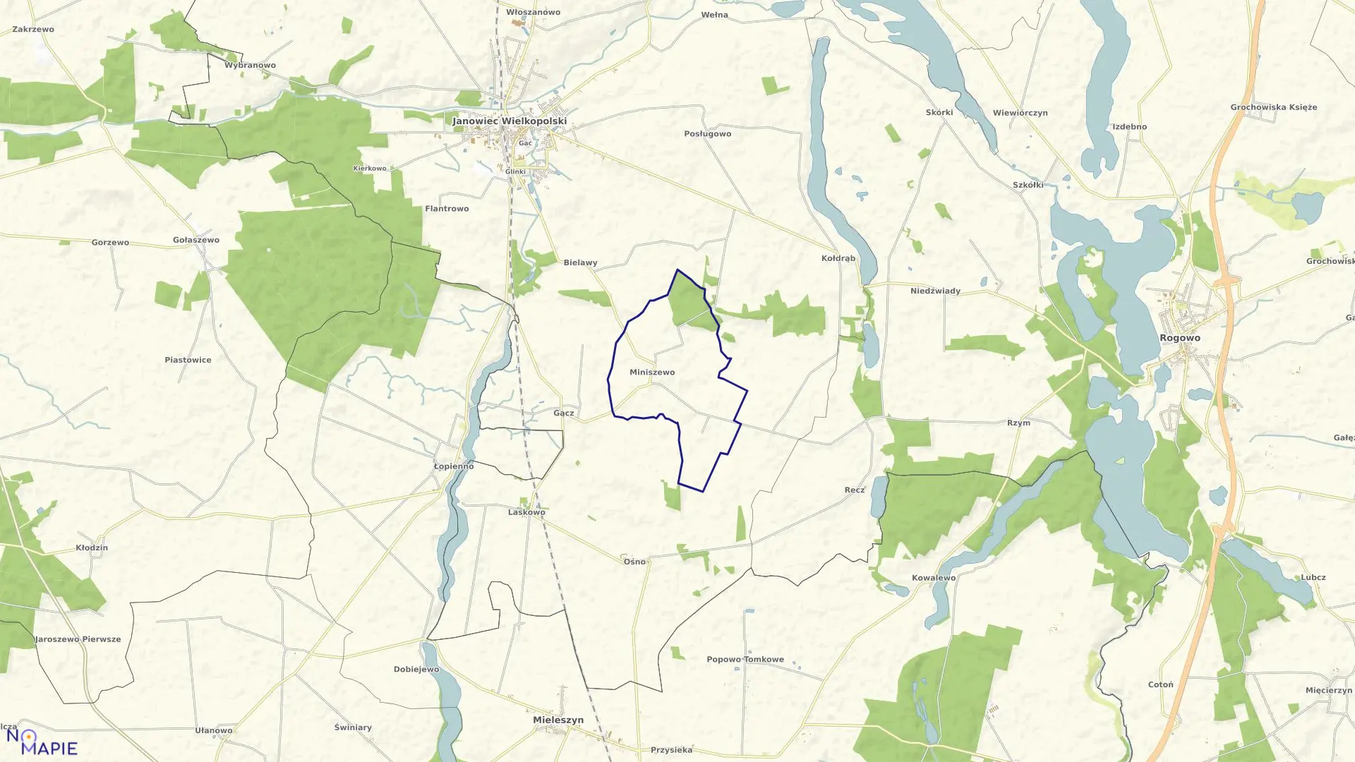 Mapa obrębu Miniszewo w gminie Janowiec Wielkopolski