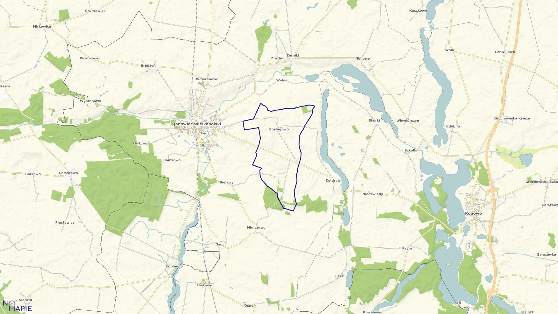 Mapa obrębu Posługowo w gminie Janowiec Wielkopolski